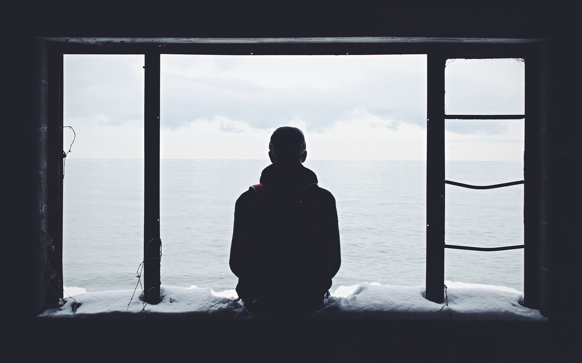 A person looking at the ocean from a window